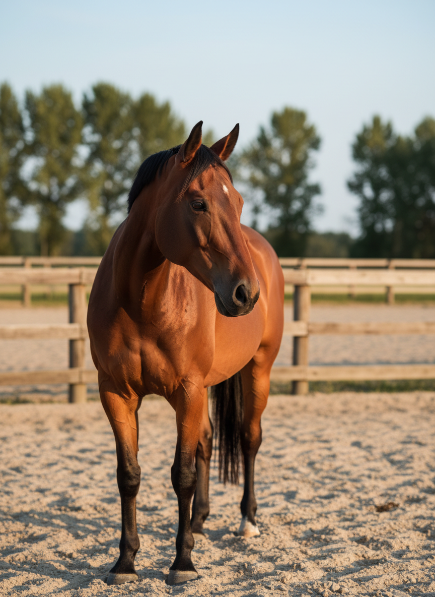 A calm, attentive bay horse with a glossy coat and expressive dark eyes stands in a spacious sand arena, ears gently pricked forward, head slightly lowered in relaxation. A sturdy wooden fence and a line of mature trees frame the background in soft focus. Late afternoon natural light bathes the scene in a warm, golden glow, highlighting the horse’s muscles and casting long, gentle shadows across the footing. Photographic realism, eye-level composition with the horse slightly off-center following the rule of thirds, shallow depth of field to keep focus on subtle body language. The mood is peaceful, safe, and professional, emphasizing mutual understanding between horse and human without showing any people.