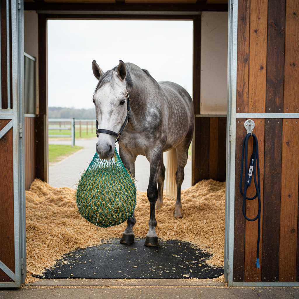 A dapple grey horse stands calmly in a tidy, open-front stall, its muzzle reaching toward a securely hung hay net while its body faces forward, showing relaxed muscles and a softly swishing tail. Clean rubber matting, neatly stacked shavings, and an organized tack hook with a labeled halter create a sense of order. Overcast daylight filters through the barn aisle, creating even, diffused illumination with minimal harsh shadows. Photographic realism with a slightly elevated angle, medium-wide shot capturing the entire stall doorway. The atmosphere feels safe, organized, and thoughtful, conveying a professional approach to managing the environment for better equine behavior and reduced stress.