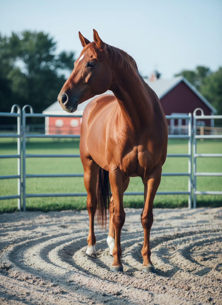 A rich chestnut horse stands at liberty in a round pen, its neck arched in relaxed curiosity, one hind leg cocked, head turned slightly to the side with soft eyes and loose lips. The sandy footing shows gentle hoofprints curving around the pen. Beyond the metal panels, a green pasture and a distant red barn blur into a soft background. Early morning light creates a cool, crisp clarity with soft shadows. Photographic realism from a low, three-quarter angle that emphasizes the horse’s posture and body language. The composition focuses on the horse’s whole body, conveying calm communication, clear boundaries, and a non-confrontational training environment.