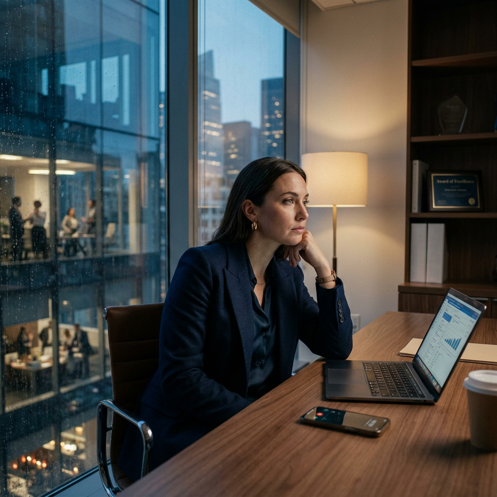 Woman in office looking thoughtfully at laptop with cityscape visible through rain-speckled window