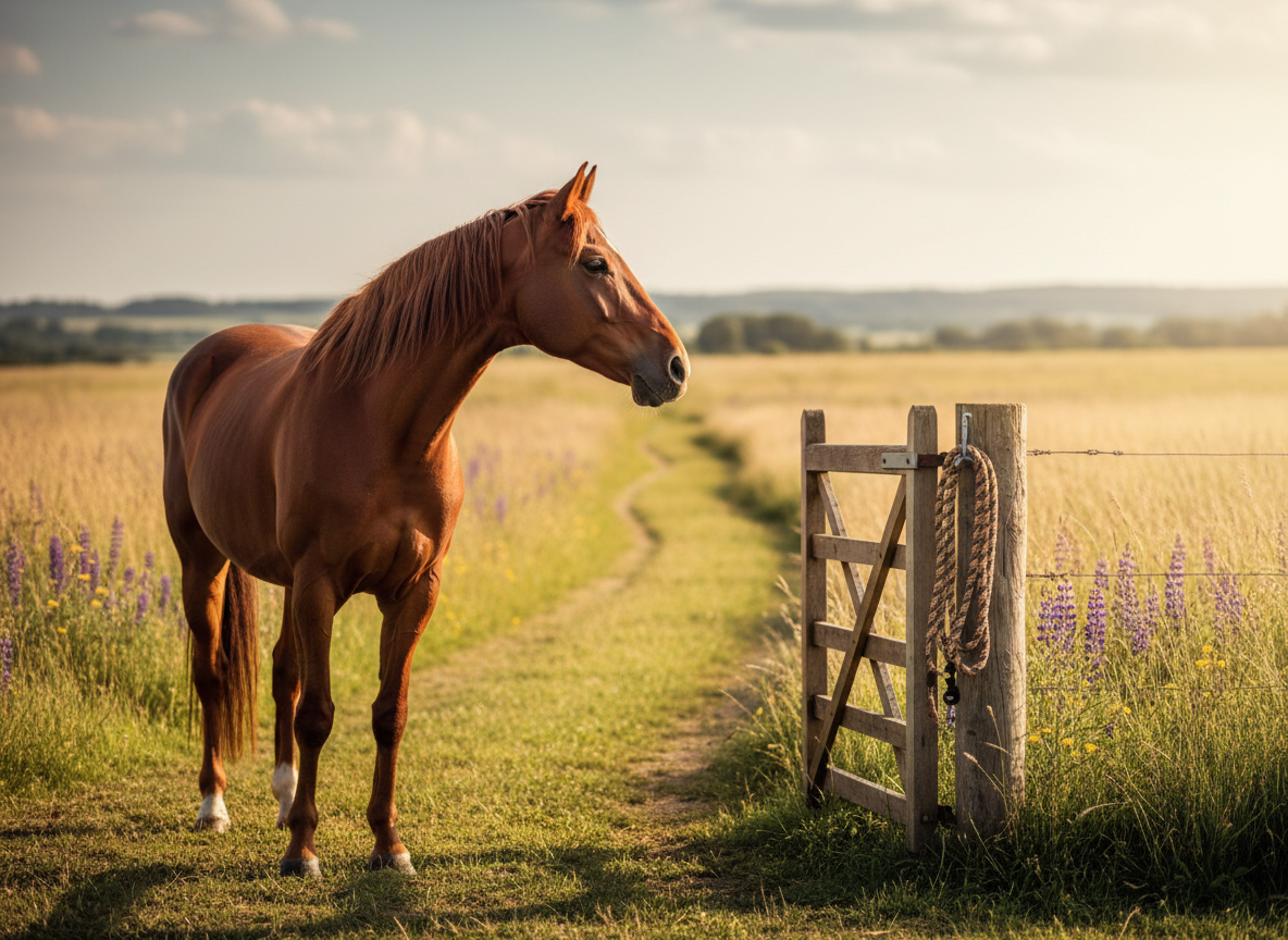 A beautifully kept chestnut horse stands in a spacious paddock, head turned toward an open gate that leads to a sunlit path winding between tall grasses and wildflowers. The horse’s coat gleams with health, rich auburn tones highlighted by soft, filtered sunlight passing through scattered clouds. A neatly coiled lead rope hangs on a nearby post, its braided fibers sharply in focus. Beyond, the landscape gradually blurs into a dreamy, inviting haze. Photographic realism with a cinematic, wide-angle composition that places the gate and path along the rule of thirds. The atmosphere feels like possibility and gentle courage, evoking midlife transition as a conscious choice to step through an open doorway.
