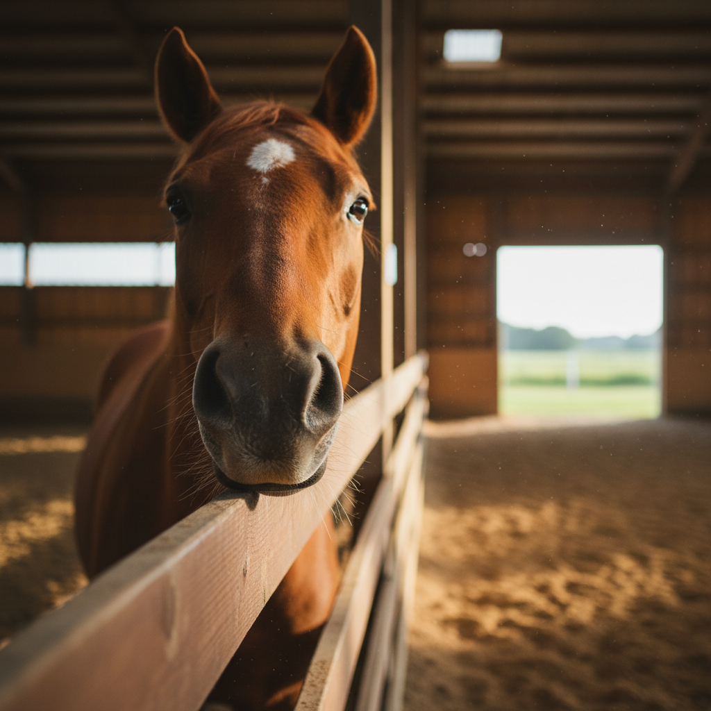 A close-up of a horse’s muzzle resting lightly on a smooth, dark wooden arena rail, the velvety texture of its nose and fine whiskers rendered in exquisite detail. Dust motes float in the air, illuminated by soft, diffused morning light streaming through the slats of an indoor riding arena. The background falls away into gentle blur: orderly rails, muted sand footing, and the faint outline of open doors leading to bright fields beyond. Photographic realism with a minimalist, sophisticated feel, shot from a slightly low, intimate angle. The mood is quiet and contemplative, suggesting wordless wisdom, gentle guidance, and the threshold of a new chapter in life.