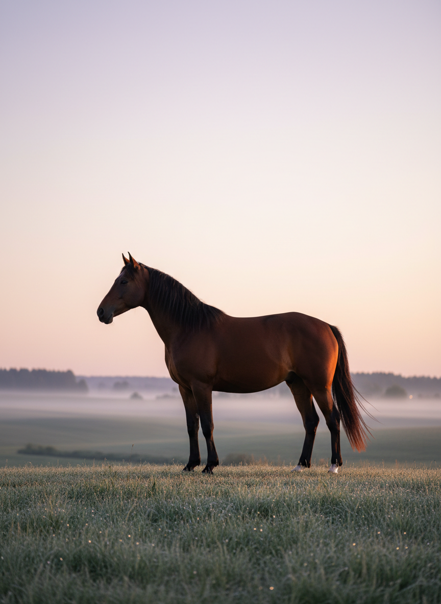 A solitary, well-groomed bay horse stands on a gentle hill at dawn, silhouetted against a vast, pastel sky just beginning to blush with pinks and soft golds. Fine strands of its mane lift slightly in a barely-there breeze, while dew-laden grass sparkles at its feet. The landscape around it is spacious yet understated: rolling fields fading into mist, a faint line of trees far in the distance. Natural early-morning light creates a tranquil, ethereal atmosphere, with the horse in crisp focus and the surroundings softly blurred. Photographic realism with a clean, minimalist composition and plenty of negative space. The image conveys quiet strength, spacious reflection, and the sacred pause before redefining direction in midlife.