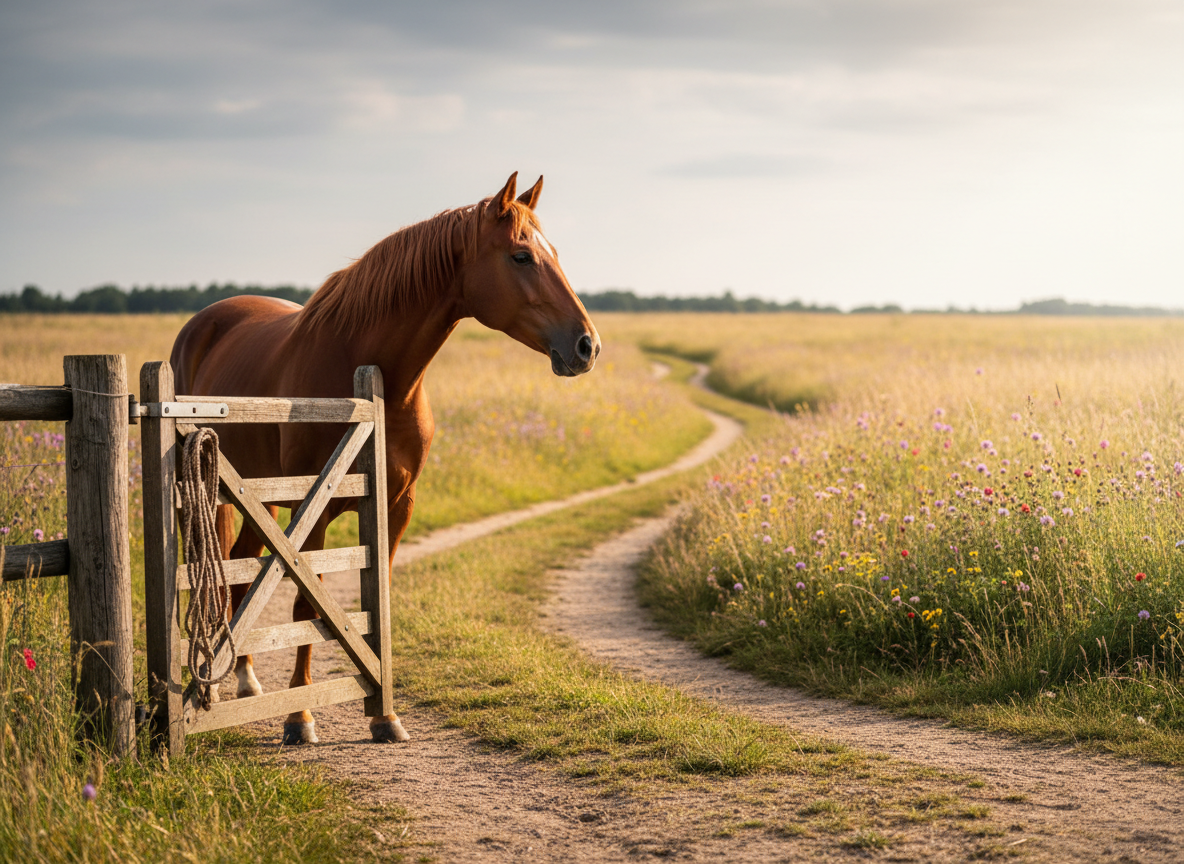 A beautifully kept chestnut horse stands in a spacious paddock, head turned toward an open gate that leads to a sunlit path winding between tall grasses and wildflowers. The horse’s coat gleams with health, rich auburn tones highlighted by soft, filtered sunlight passing through scattered clouds. A neatly coiled lead rope hangs on a nearby post, its braided fibers sharply in focus. Beyond, the landscape gradually blurs into a dreamy, inviting haze. Photographic realism with a cinematic, wide-angle composition that places the gate and path along the rule of thirds. The atmosphere feels like possibility and gentle courage, evoking midlife transition as a conscious choice to step through an open doorway.