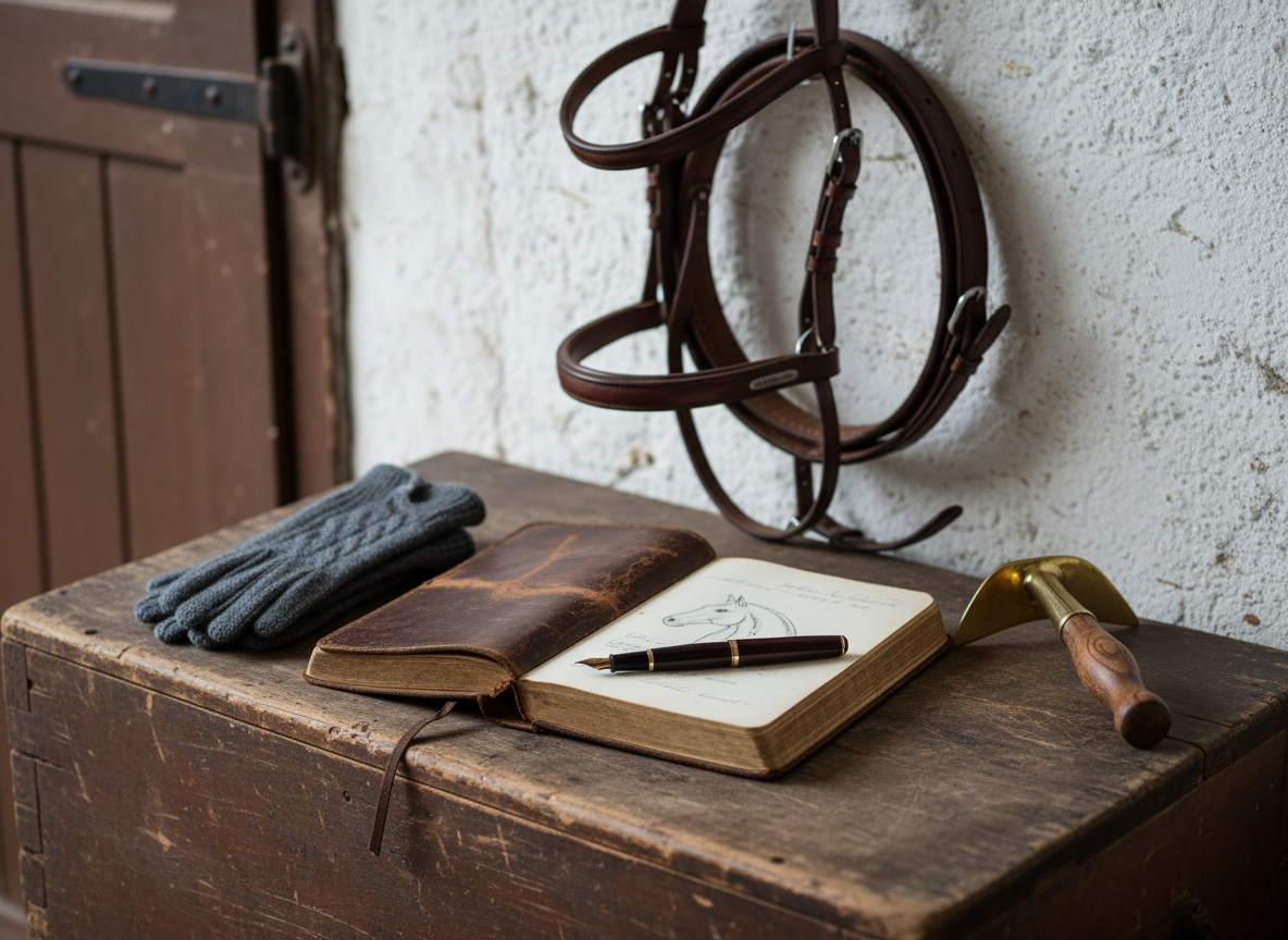 An elegantly arranged still life on a rustic wooden tack trunk: a well-worn leather journal slightly open with a fountain pen resting across its pages, a pair of neatly folded soft wool riding gloves, and a polished brass hoof pick catching a glint of light. Behind them, a carefully coiled, oiled leather bridle hangs against a whitewashed stable wall. Soft, overcast daylight drifts in from an unseen stable door, casting subtle, diffuse shadows and highlighting rich, natural textures. Photographic realism with a refined, editorial style, shot from a slightly elevated angle with shallow depth of field. The mood is introspective and sophisticated, suggesting reflection, identity work, and the deliberate craft of reshaping one’s life through partnership with horse wisdom.