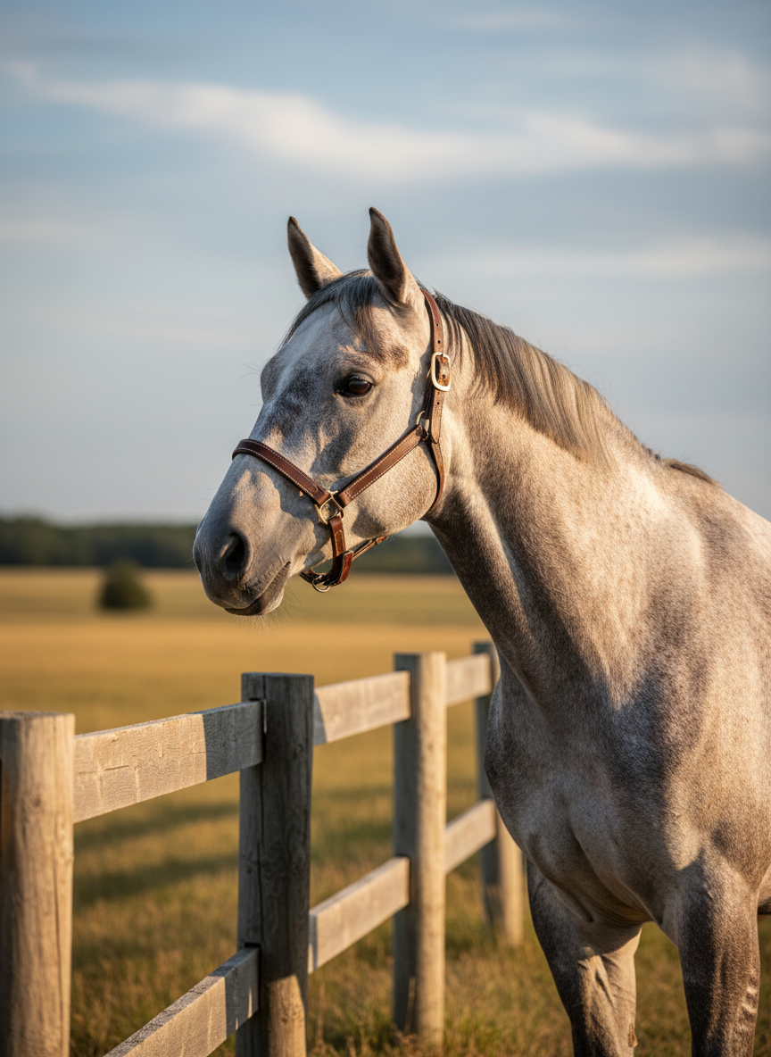 A refined, dapple-grey horse stands quietly beside a simple, weathered wooden fence in an open pasture, its sleek coat catching the soft sheen of late afternoon light. A leather halter with subtle stitching rests around its head, and its calm eye reflects the expansive sky. Behind it, rolling golden grass and distant tree lines blur into a gentle bokeh, suggesting space and possibility. The scene is bathed in golden hour sunlight, creating long, graceful shadows and a warm, serene glow. Photographic realism with a clean, sophisticated aesthetic, shot at eye level with a shallow depth of field, conveys clarity, presence, and a sense of poised transition between what was and what is becoming.