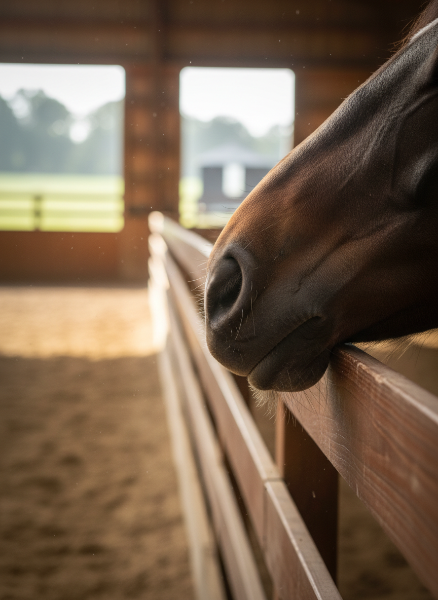 A close-up of a horse’s muzzle resting lightly on a smooth, dark wooden arena rail, the velvety texture of its nose and fine whiskers rendered in exquisite detail. Dust motes float in the air, illuminated by soft, diffused morning light streaming through the slats of an indoor riding arena. The background falls away into gentle blur: orderly rails, muted sand footing, and the faint outline of open doors leading to bright fields beyond. Photographic realism with a minimalist, sophisticated feel, shot from a slightly low, intimate angle. The mood is quiet and contemplative, suggesting wordless wisdom, gentle guidance, and the threshold of a new chapter in life.