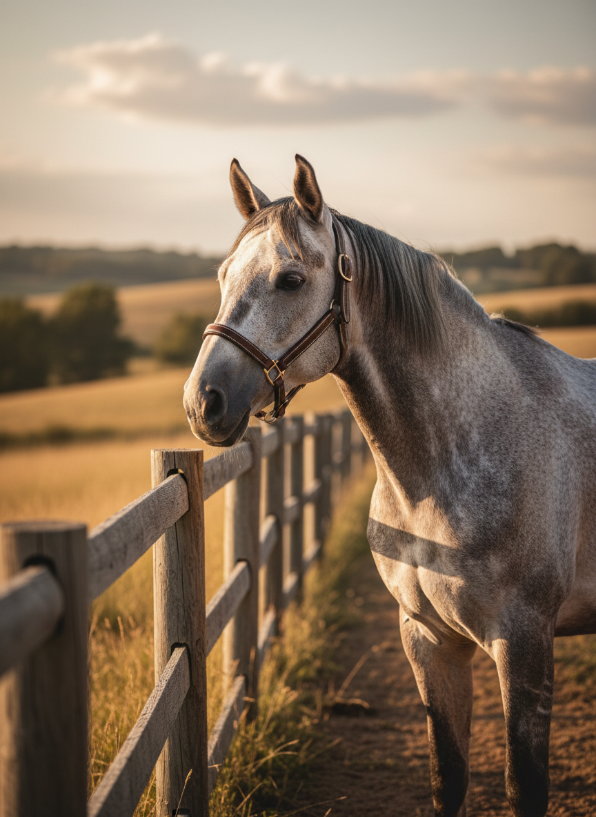 A refined, dapple-grey horse stands quietly beside a simple, weathered wooden fence in an open pasture, its sleek coat catching the soft sheen of late afternoon light. A leather halter with subtle stitching rests around its head, and its calm eye reflects the expansive sky. Behind it, rolling golden grass and distant tree lines blur into a gentle bokeh, suggesting space and possibility. The scene is bathed in golden hour sunlight, creating long, graceful shadows and a warm, serene glow. Photographic realism with a clean, sophisticated aesthetic, shot at eye level with a shallow depth of field, conveys clarity, presence, and a sense of poised transition between what was and what is becoming.