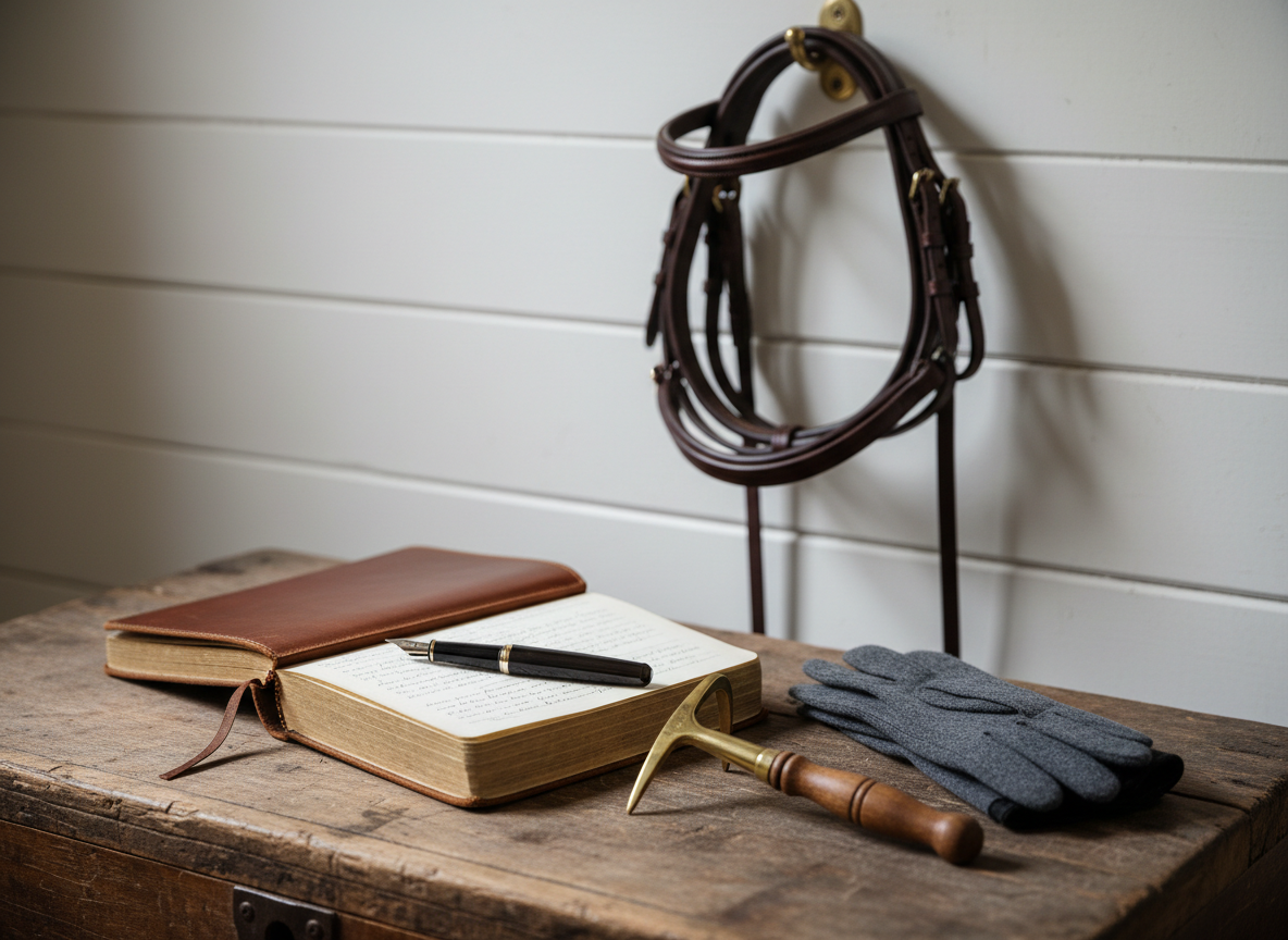 An elegantly arranged still life on a rustic wooden tack trunk: a well-worn leather journal slightly open with a fountain pen resting across its pages, a pair of neatly folded soft wool riding gloves, and a polished brass hoof pick catching a glint of light. Behind them, a carefully coiled, oiled leather bridle hangs against a whitewashed stable wall. Soft, overcast daylight drifts in from an unseen stable door, casting subtle, diffuse shadows and highlighting rich, natural textures. Photographic realism with a refined, editorial style, shot from a slightly elevated angle with shallow depth of field. The mood is introspective and sophisticated, suggesting reflection, identity work, and the deliberate craft of reshaping one’s life through partnership with horse wisdom.